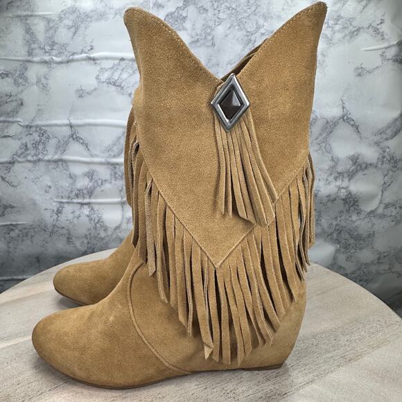 Obsession Rules Hopey Suede Tan Moccasin Fringe Boho Hidden Wedge Boots Women 8 - Picture 9 of 11